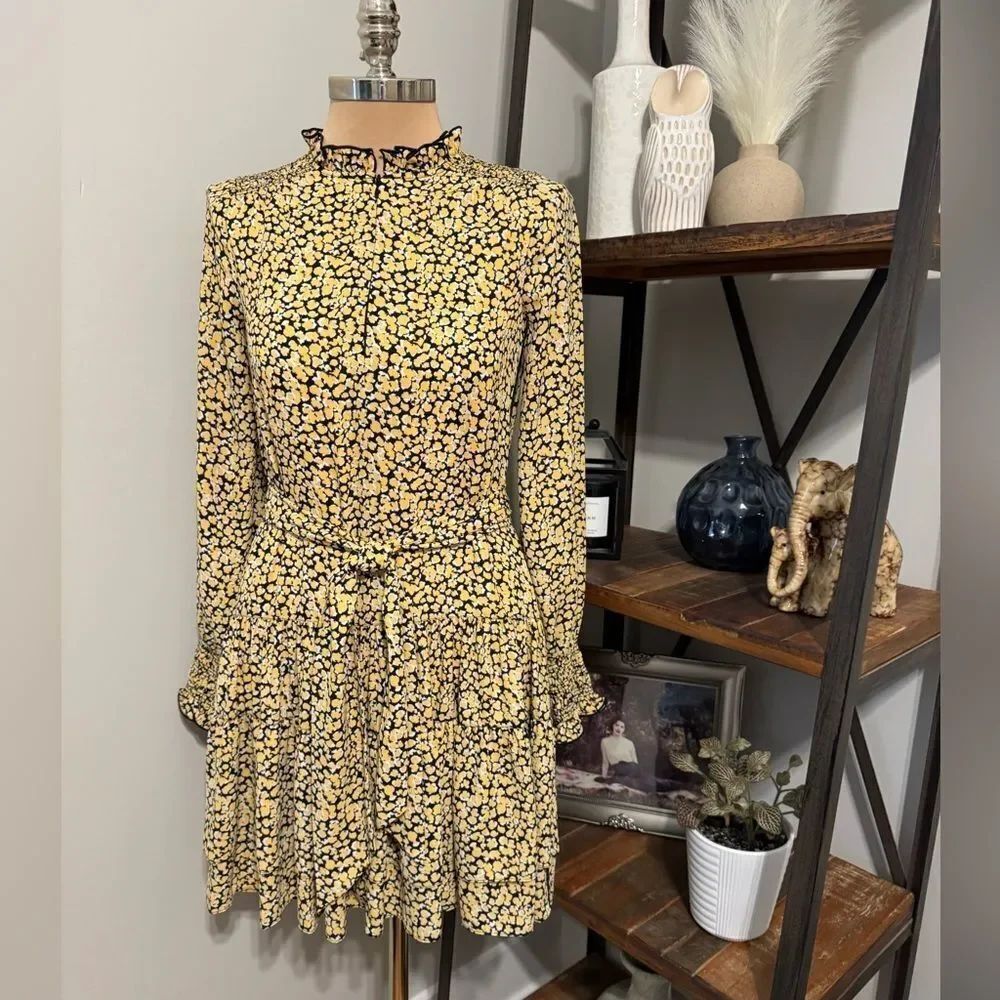 ME+EM Yellow Black Mini Belted Dress Women’s Size 2 Frilled Collar